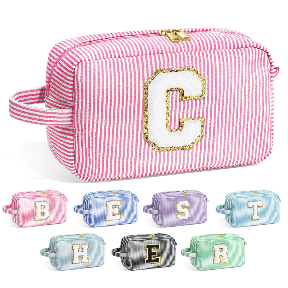 YOOLIFE initial makeup bag with chenille letter front for tidy cosmetics on the go.