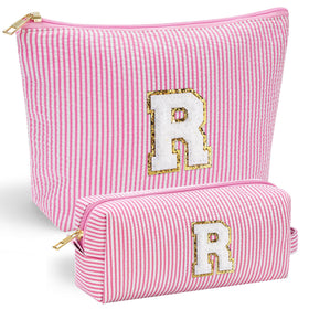 YOOLIFE Initial Makeup Bag front view with chenille letter for personalized style