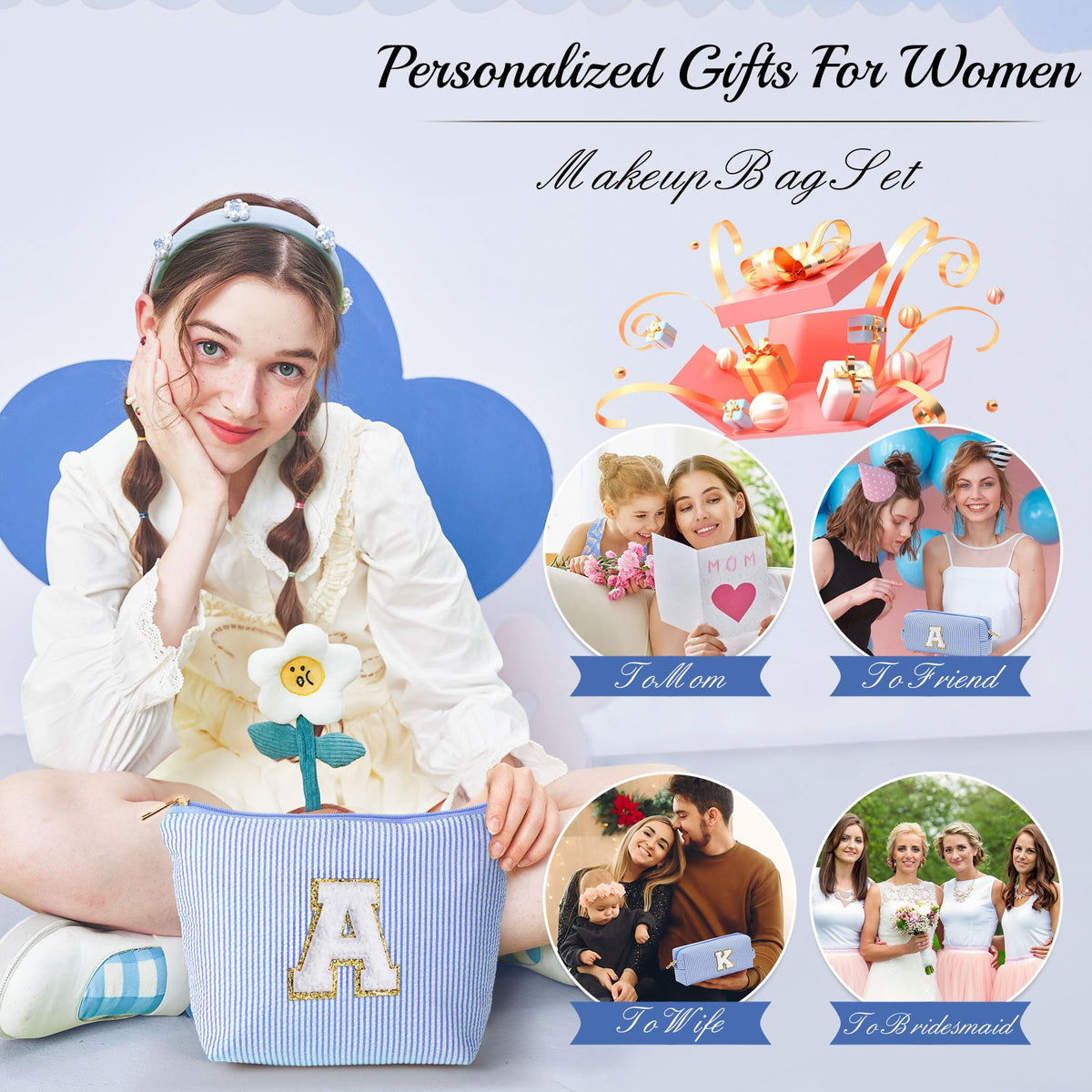 YOOLIFE Initial Makeup Bag letter option highlights personalized style.