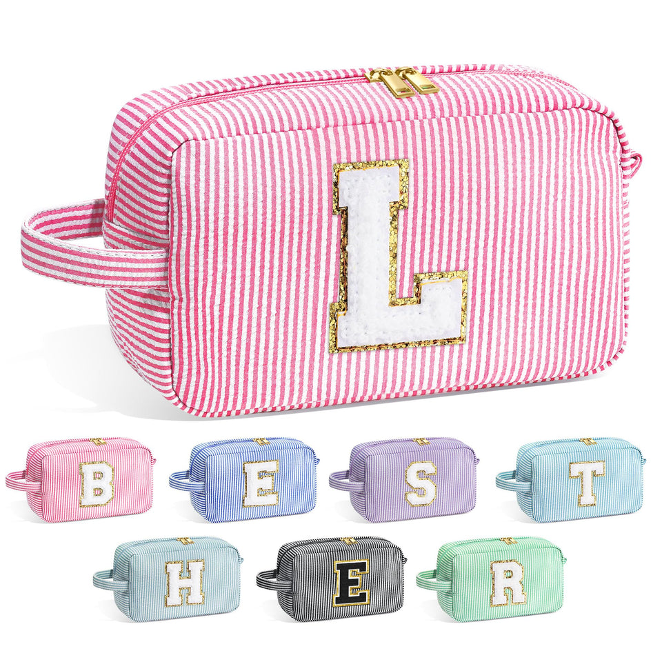 YOOLIFE initial makeup bag pink front view showing organized compartments.