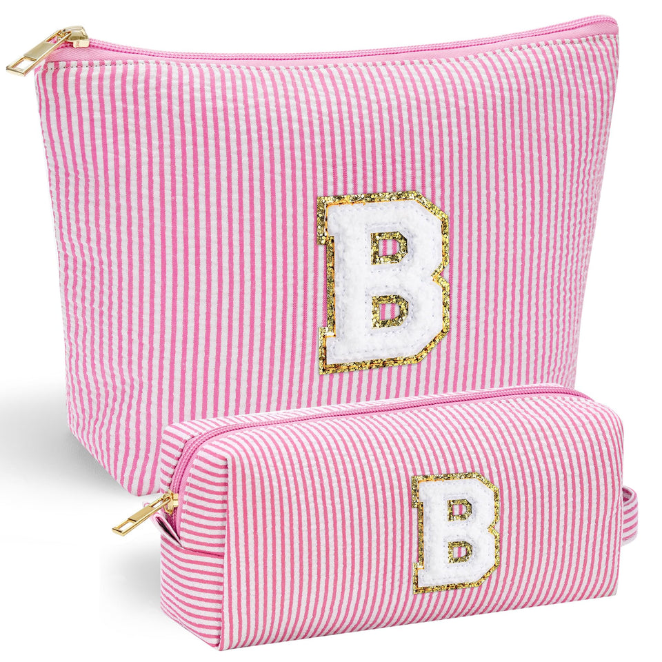 YOOLIFE initial pink makeup bag front view with chenille letter accent for easy gifting