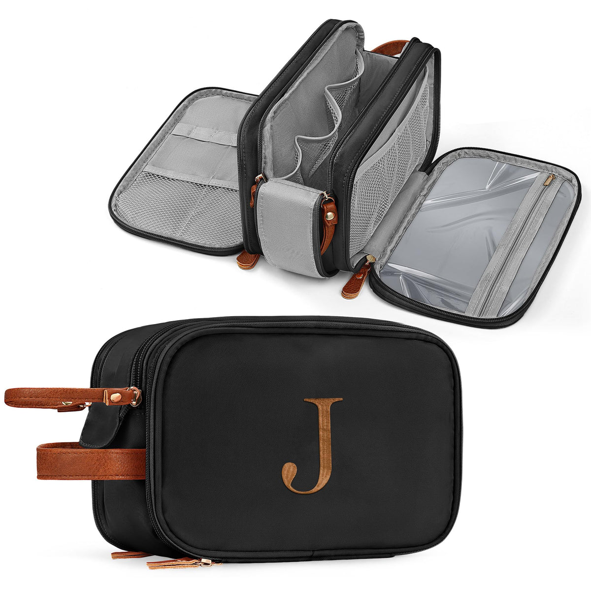 YOOLIFE initial toiletry bag front pocket for easy organization on trips.