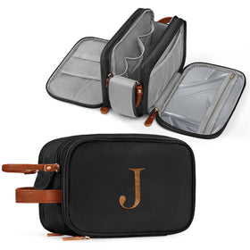 YOOLIFE initial toiletry bag front pocket for easy organization on trips.