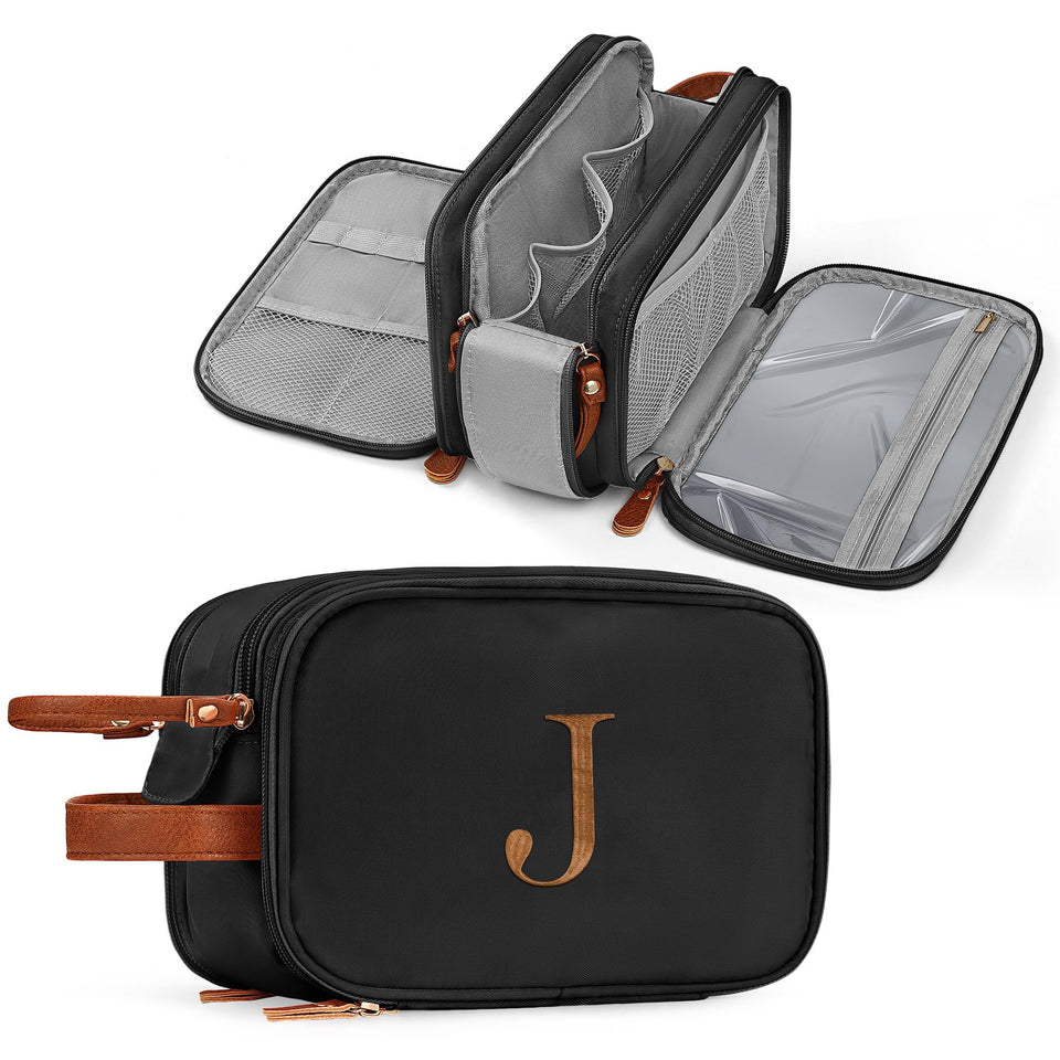 YOOLIFE initial toiletry bag front pocket for easy organization on trips.