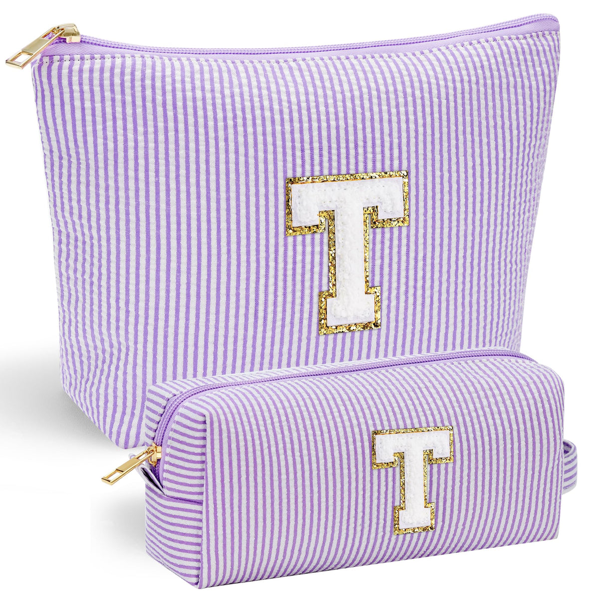 YOOLIFE Preppy Stuff cosmetic bag front view with chenille initial for personalization