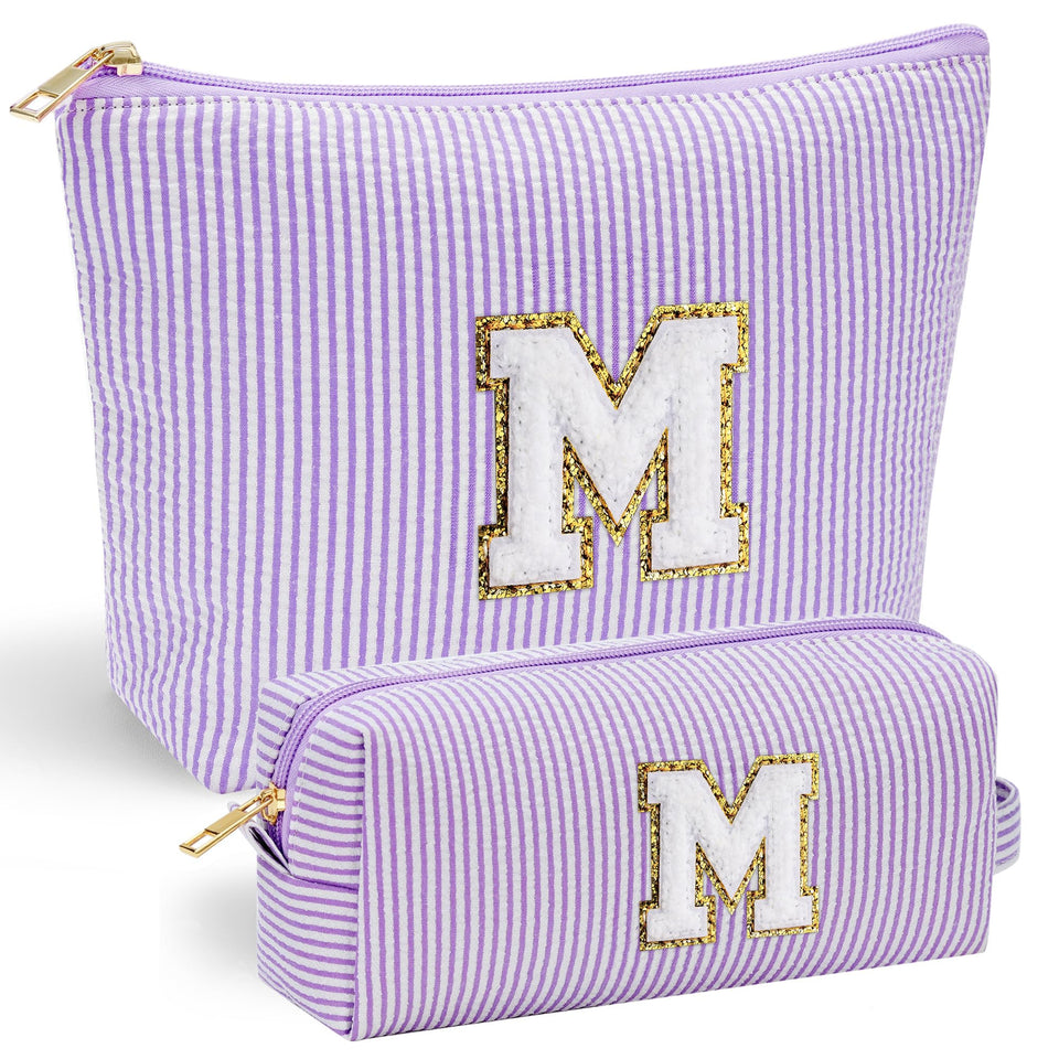 YOOLIFE purple travel makeup bag with chenille initials for easy identification.