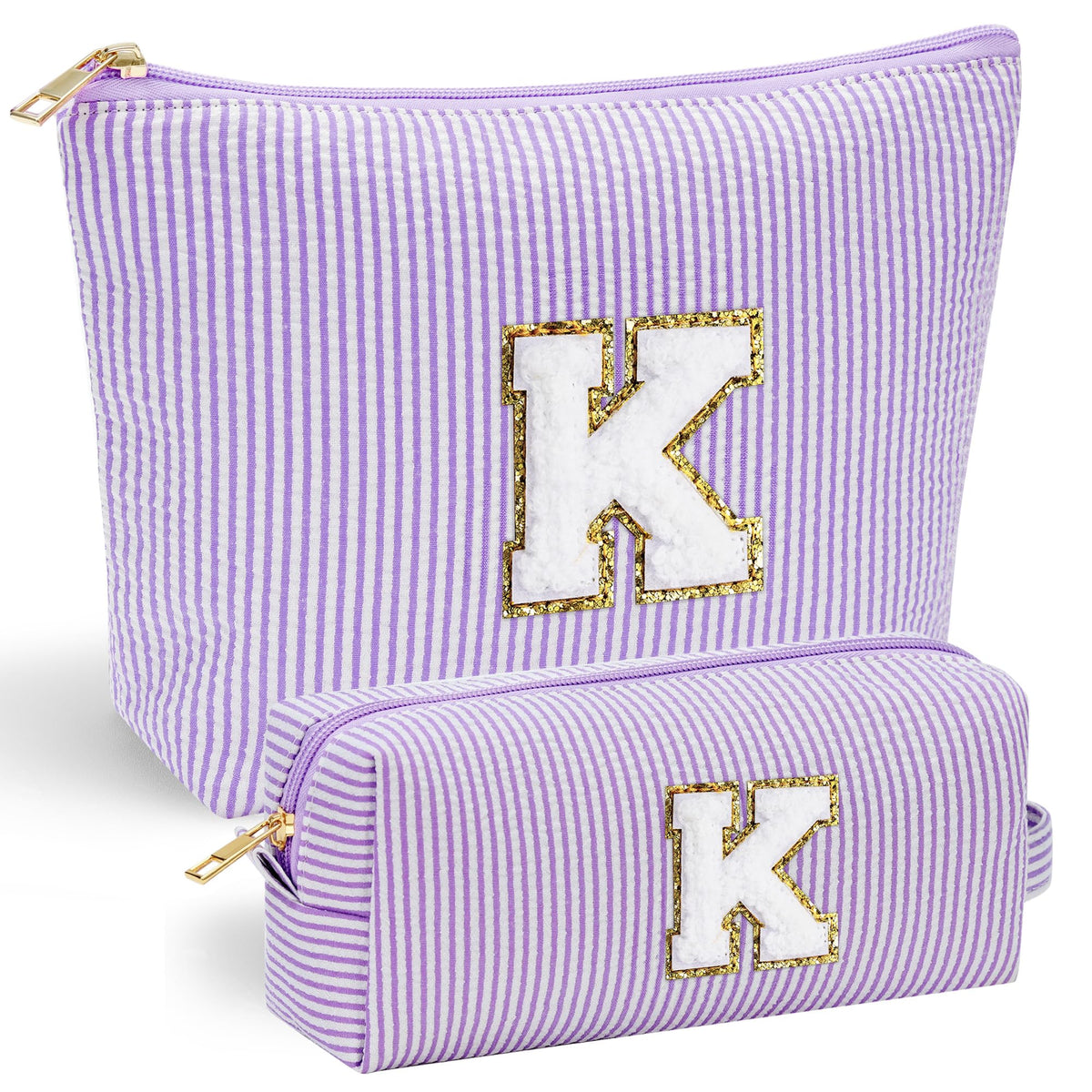 YOOLIFE travel toiletry bag purple K front view with chenille initial design.