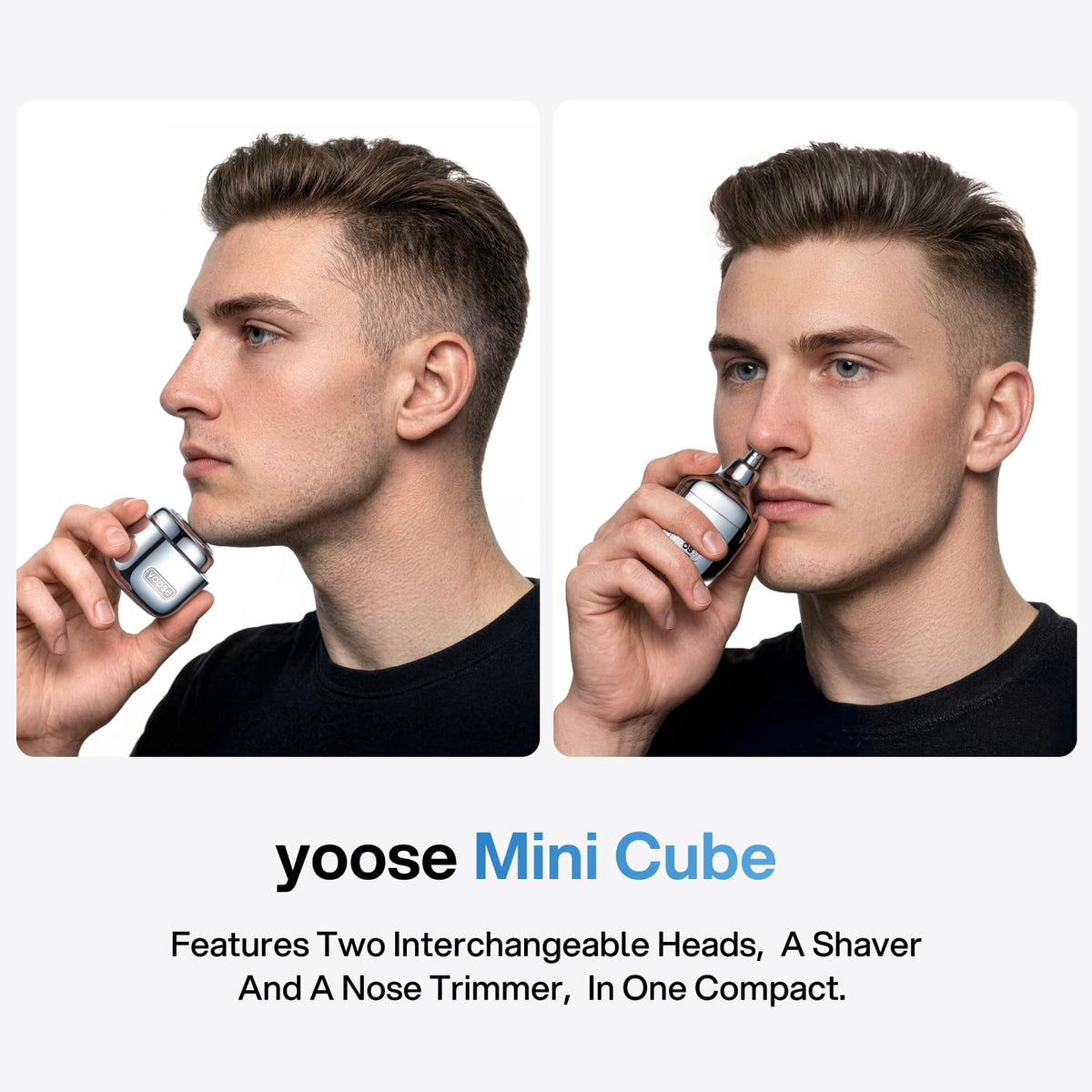 Yoose nose trimmer showing painless trimming and magnetic head replacement.