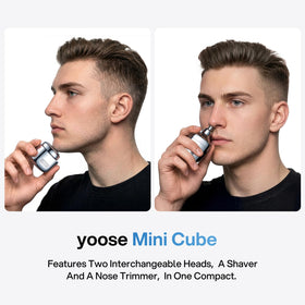 Yoose nose trimmer showing painless trimming and magnetic head replacement.