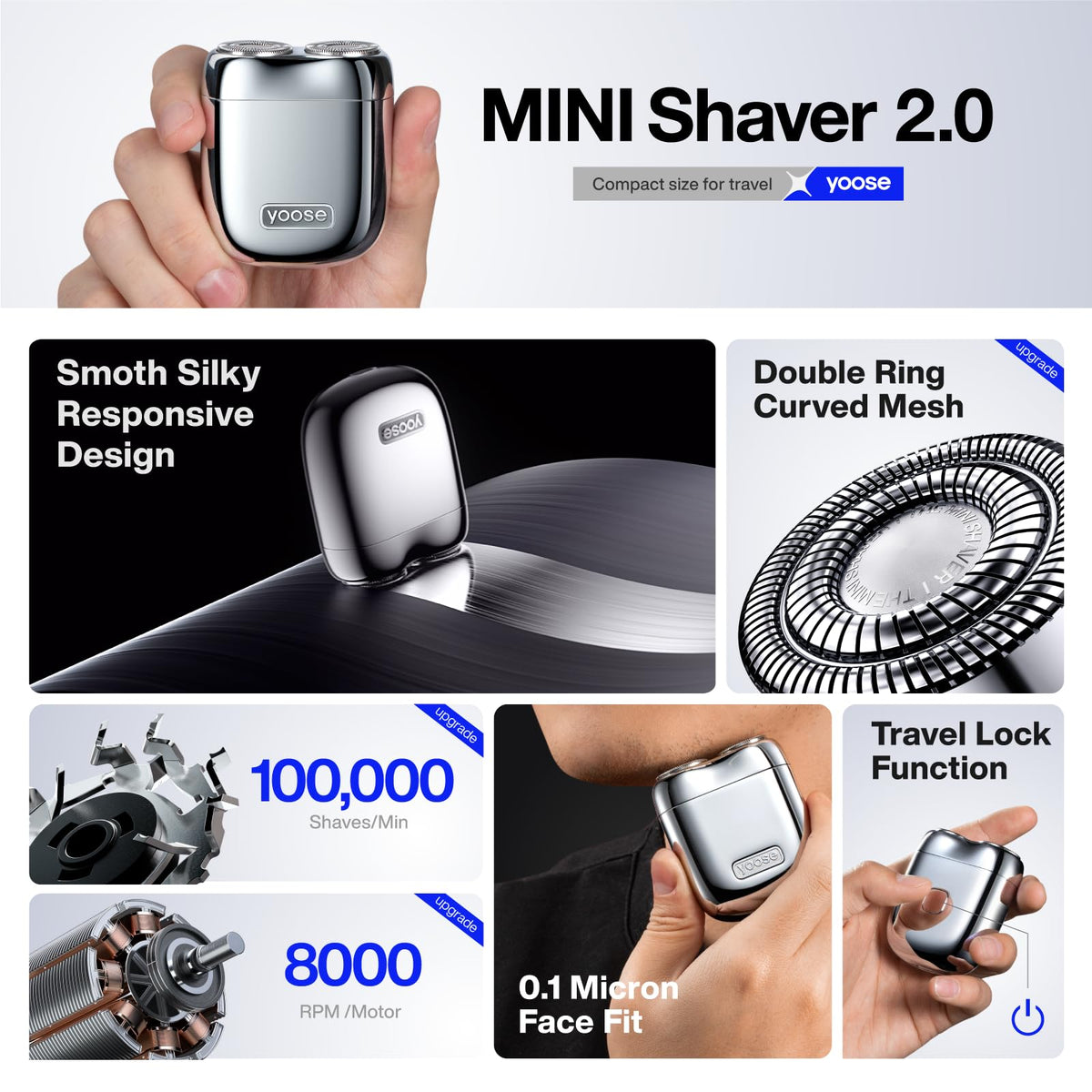 Yoose Alloy Mini Shaver 8000 RPM motor delivers fast, close shave