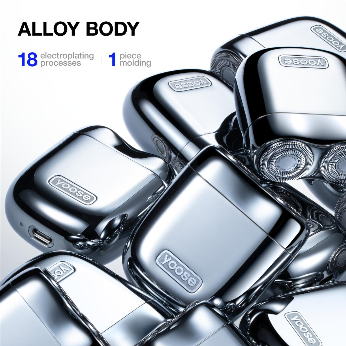 Yoose Alloy Mini Shaver charging via USB-C for fast power on the go