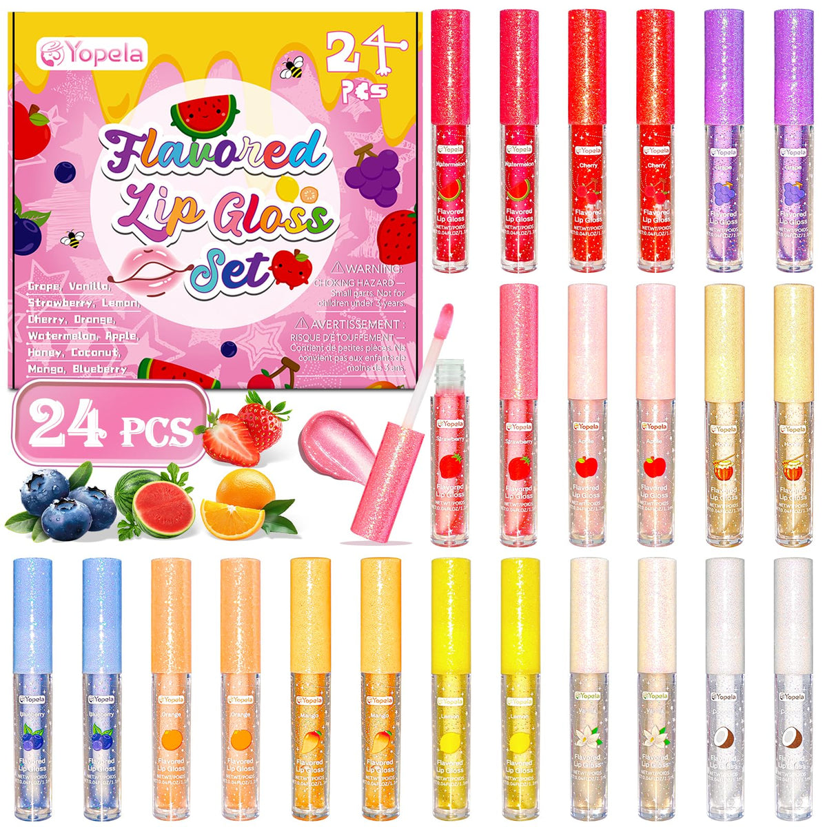 Yopela 24-piece lip gloss bulk with assorted fruit flavors for vibrant daily shine