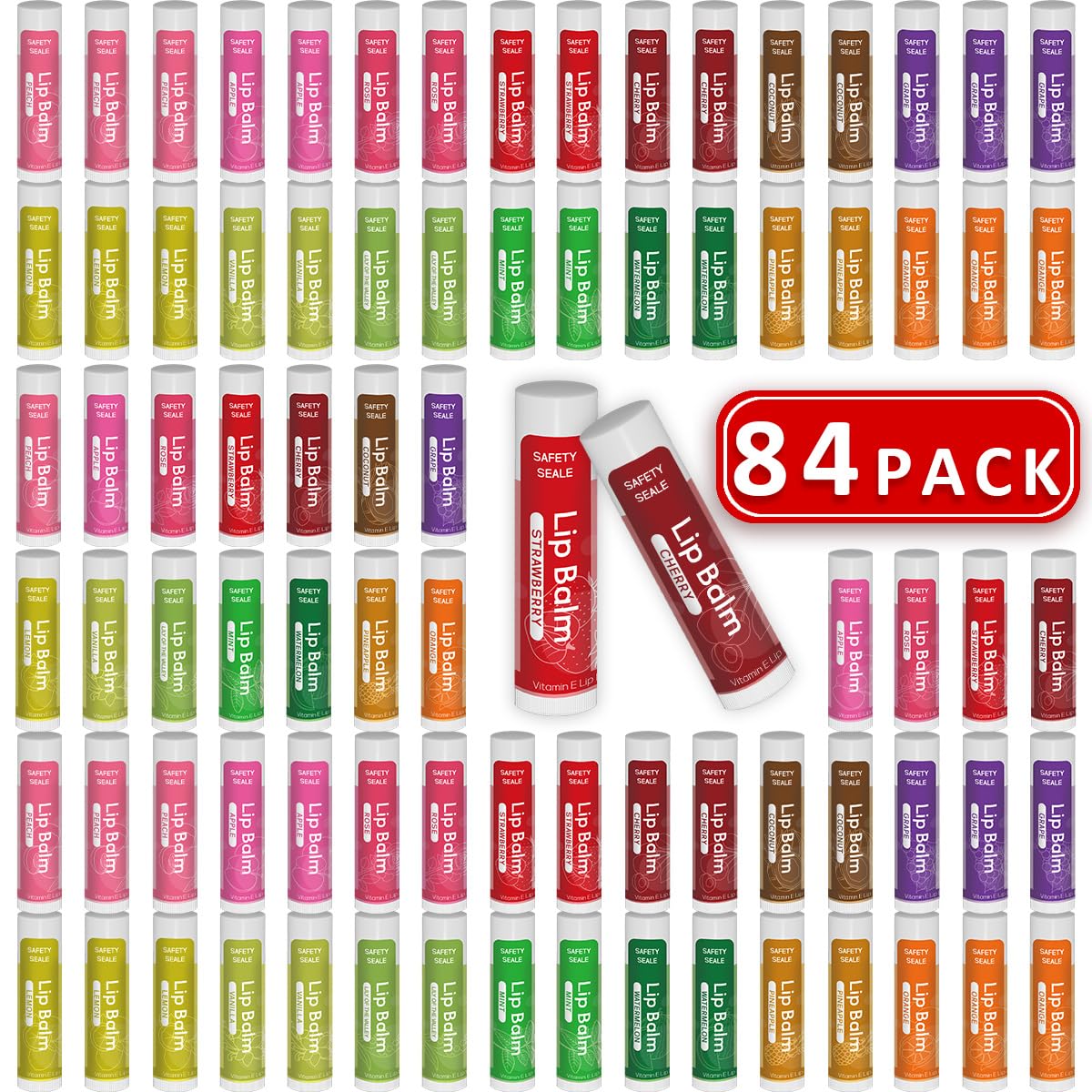 Yopela 84-pack natural lip balm collection showing assorted flavors for daily hydration.