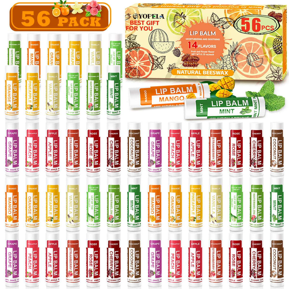 Yopela bulk lip balm 56-count packaging, ready for wholesale orders and gifting.