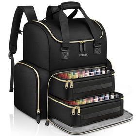 YOREPEK extra-large nail polish organizer backpack showing 96-bottle capacity and organized pockets for travel.