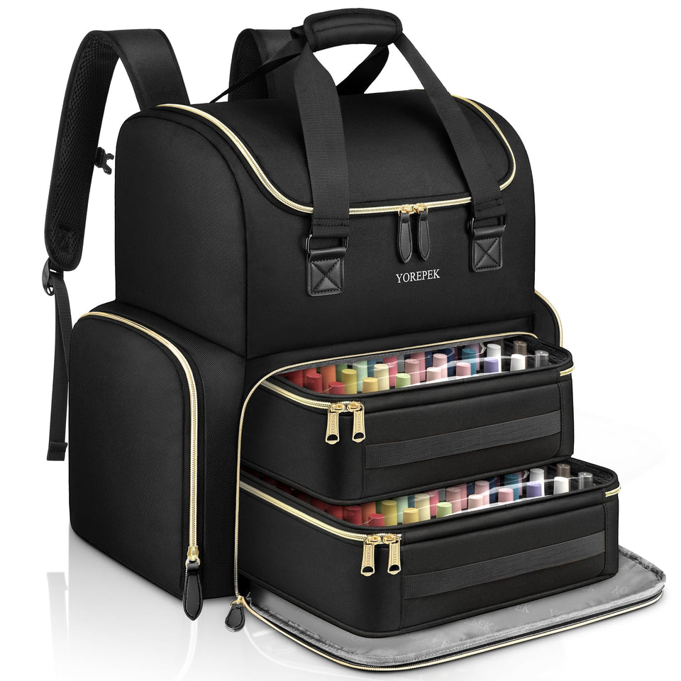 YOREPEK extra-large nail polish organizer backpack showing 96-bottle capacity and organized pockets for travel.