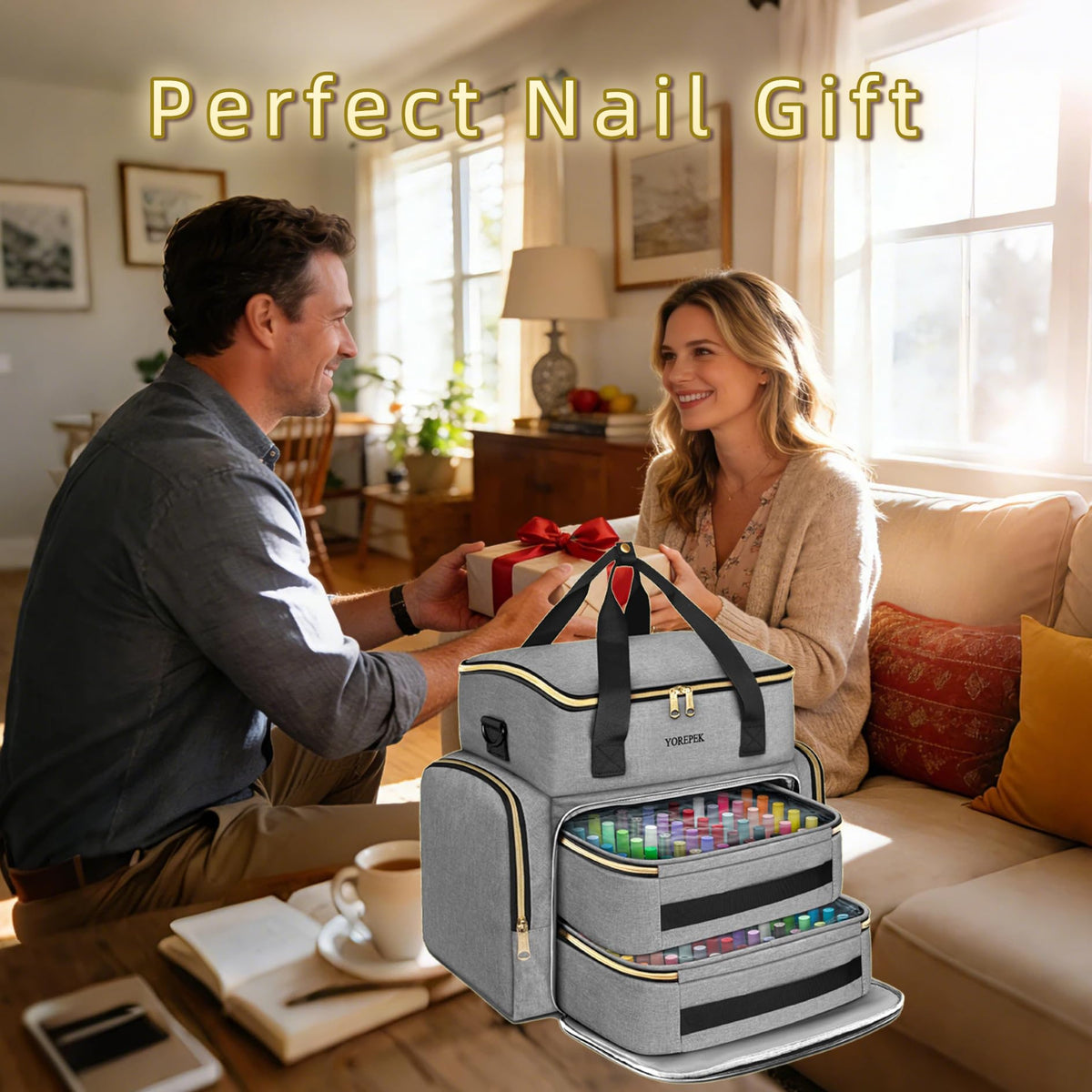 Upper compartment demonstrates space for a nail lamp and supplies.