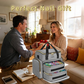 Upper compartment demonstrates space for a nail lamp and supplies.