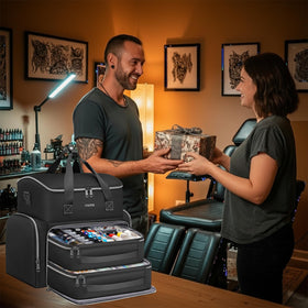 YOREPEK Tattoo Travel Case material close-up shows rugged fabric and padding.