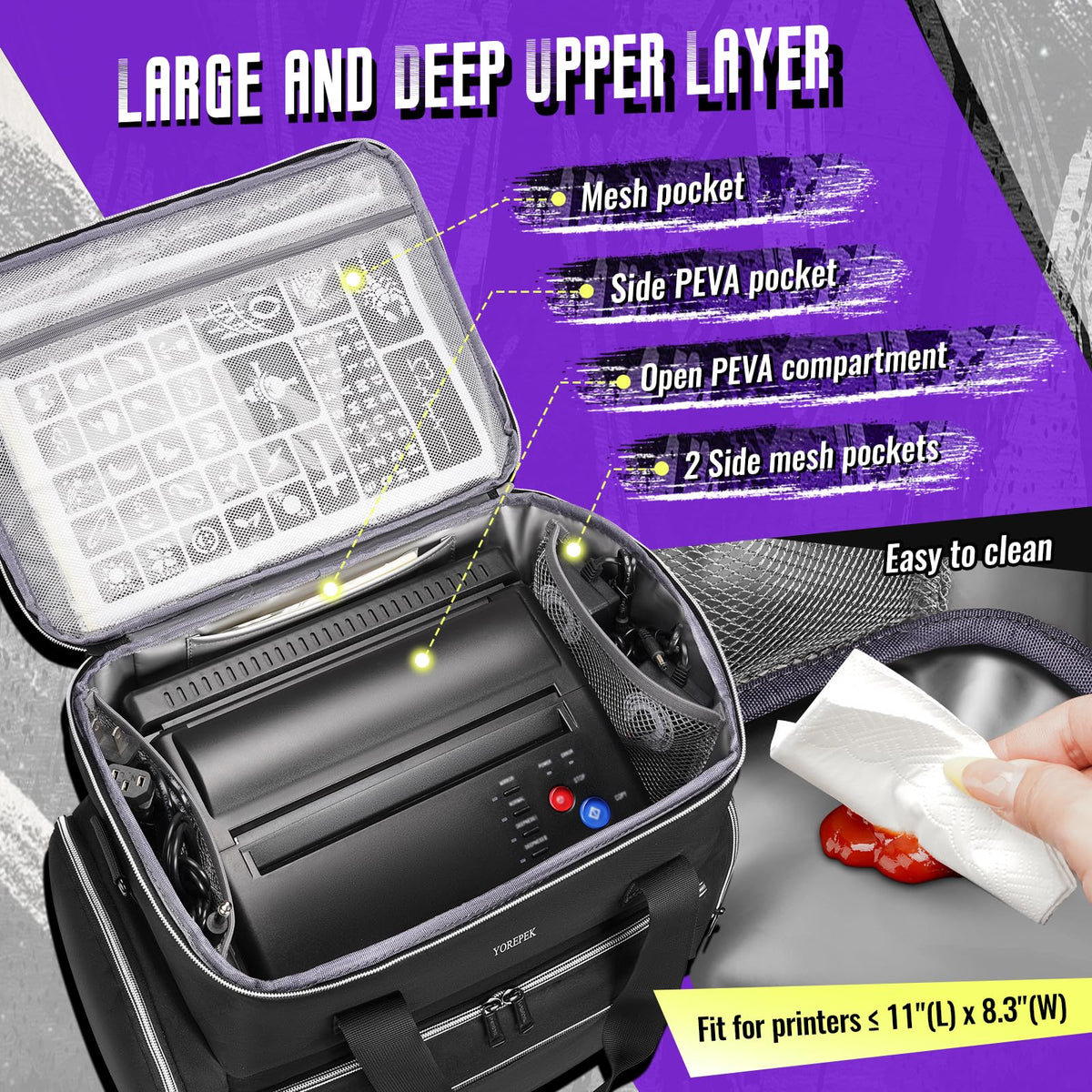 YOREPEK Tattoo Travel Case open upper compartment isolates machine and printer safely.