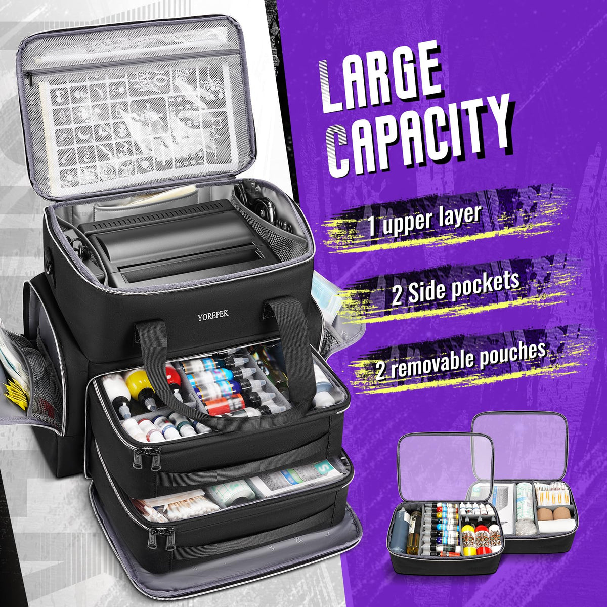 YOREPEK Tattoo Travel Case top view emphasizes organized storage for kit essentials.