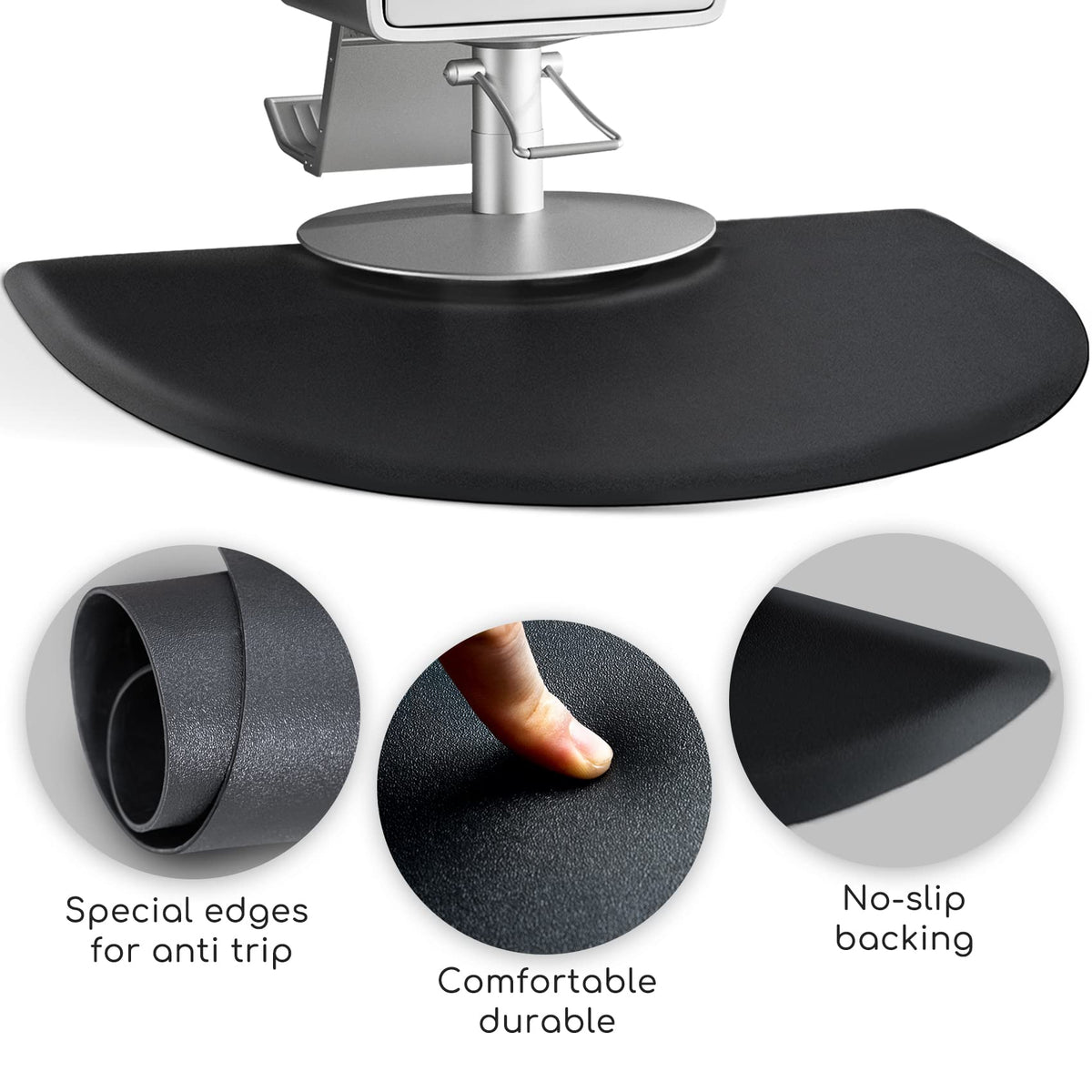 Yoshiko 1/2-inch thick semi-circle mat supporting comfortable standing for stylists.