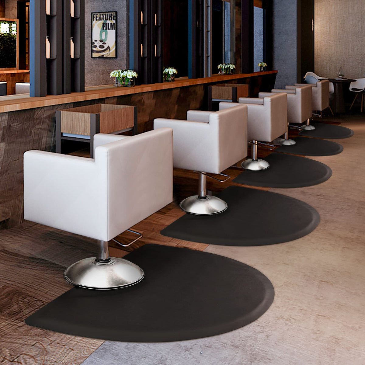 Yoshiko salon chair mat side profile highlighting semi-circle shape and durable PVC surface.