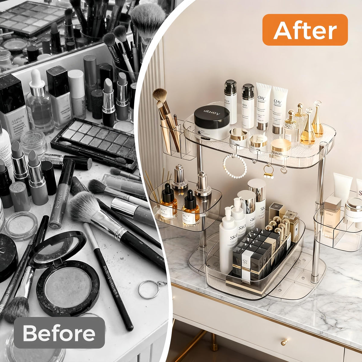 YOSHIONAL rotating vanity organizer with detachable trays offers flexible storage options