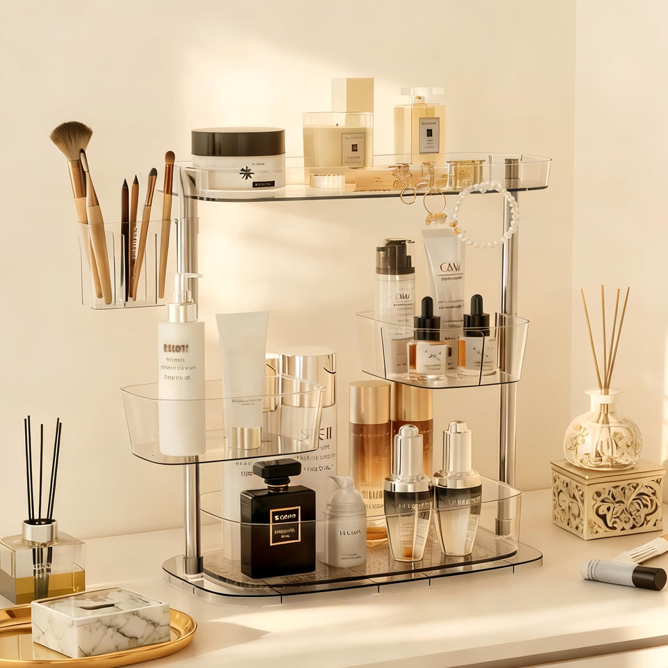 YOSHIONAL rotating vanity organizer top view shows space saving cosmetics storage