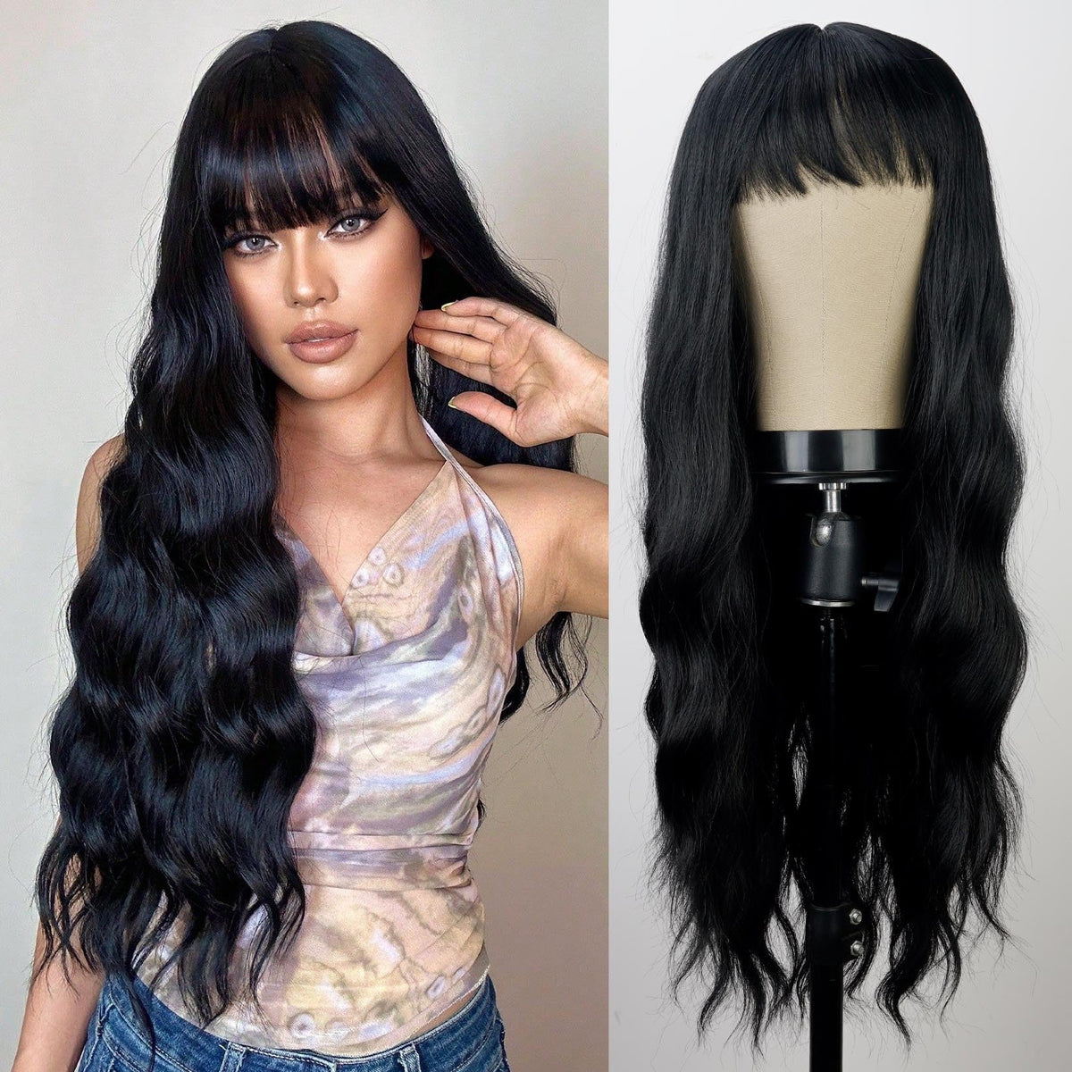YOSILADY black wig with bangs, 26-inch long-wavy style for daily wear.