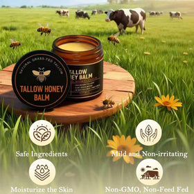 Grass-fed beef tallow texture close-up shows smooth, non-greasy absorption.