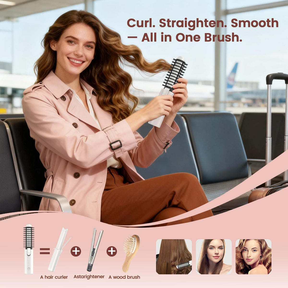 Youbella curling brush ready for touch-ups at home or travel.