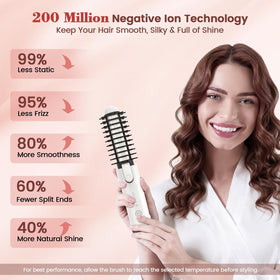 Youbella cordless curling brush demonstrates four temperature levels for styling.