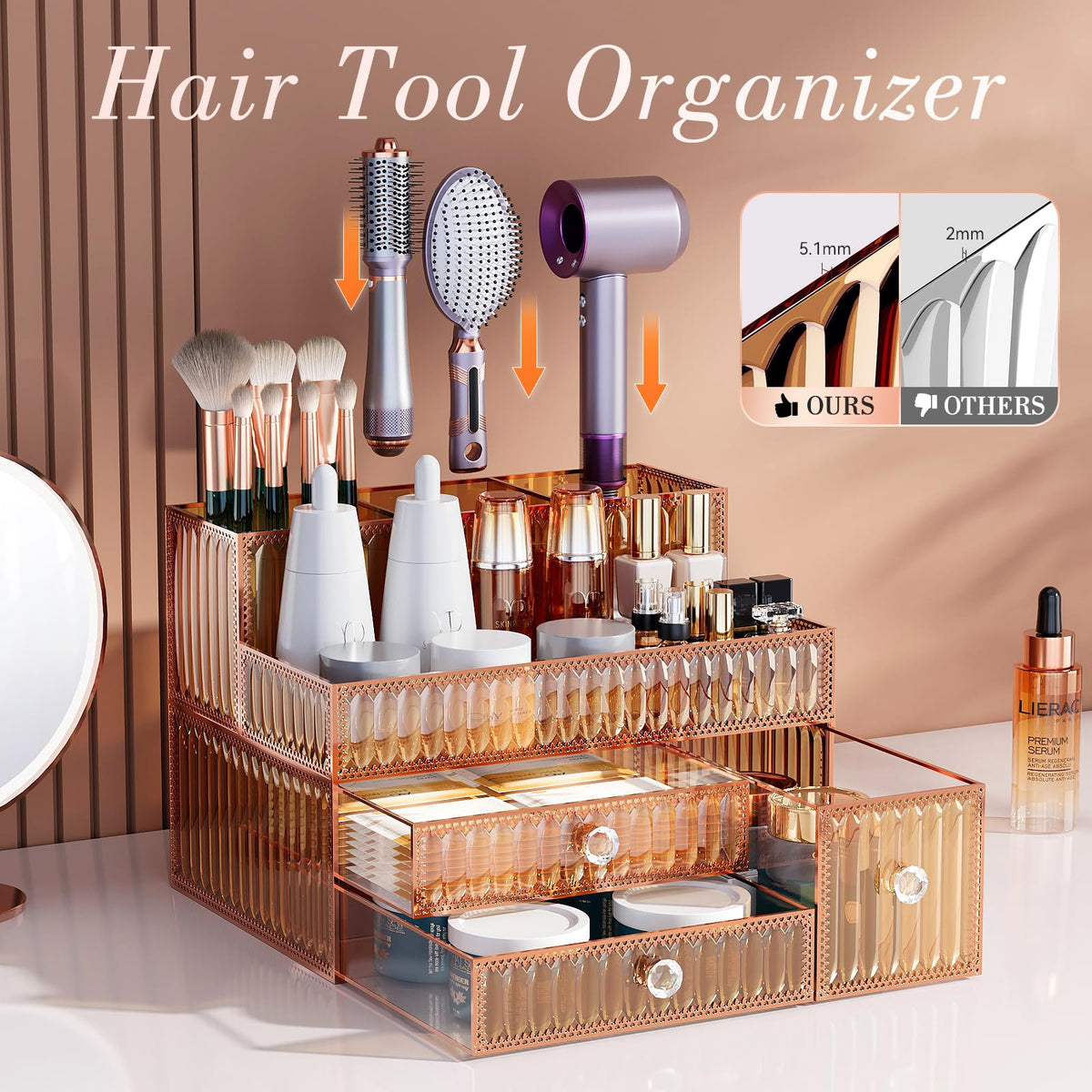 Youdepot hair tool organizer keeps drying brushes neatly near the sink.