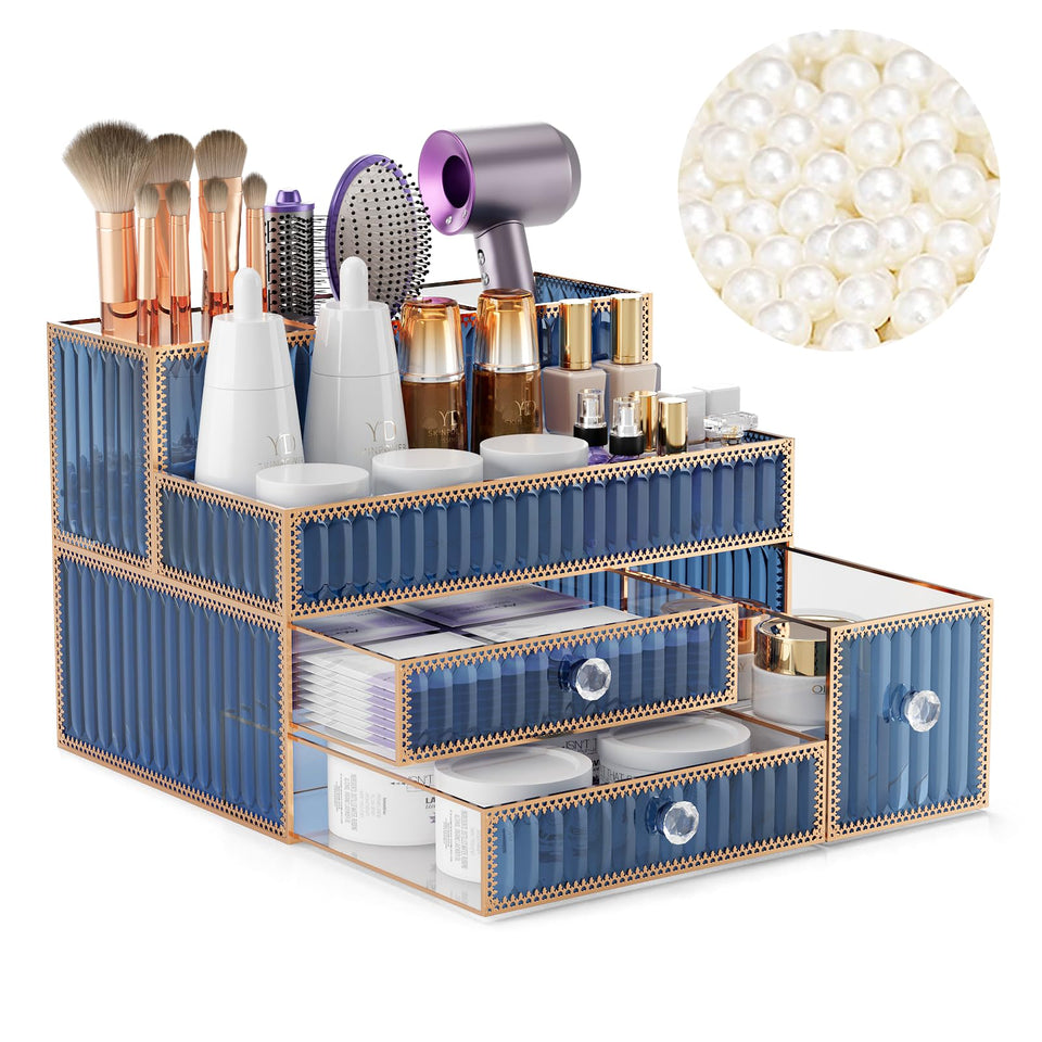 Youdepot makeup organizer blue front view on counter showing cosmetics neatly