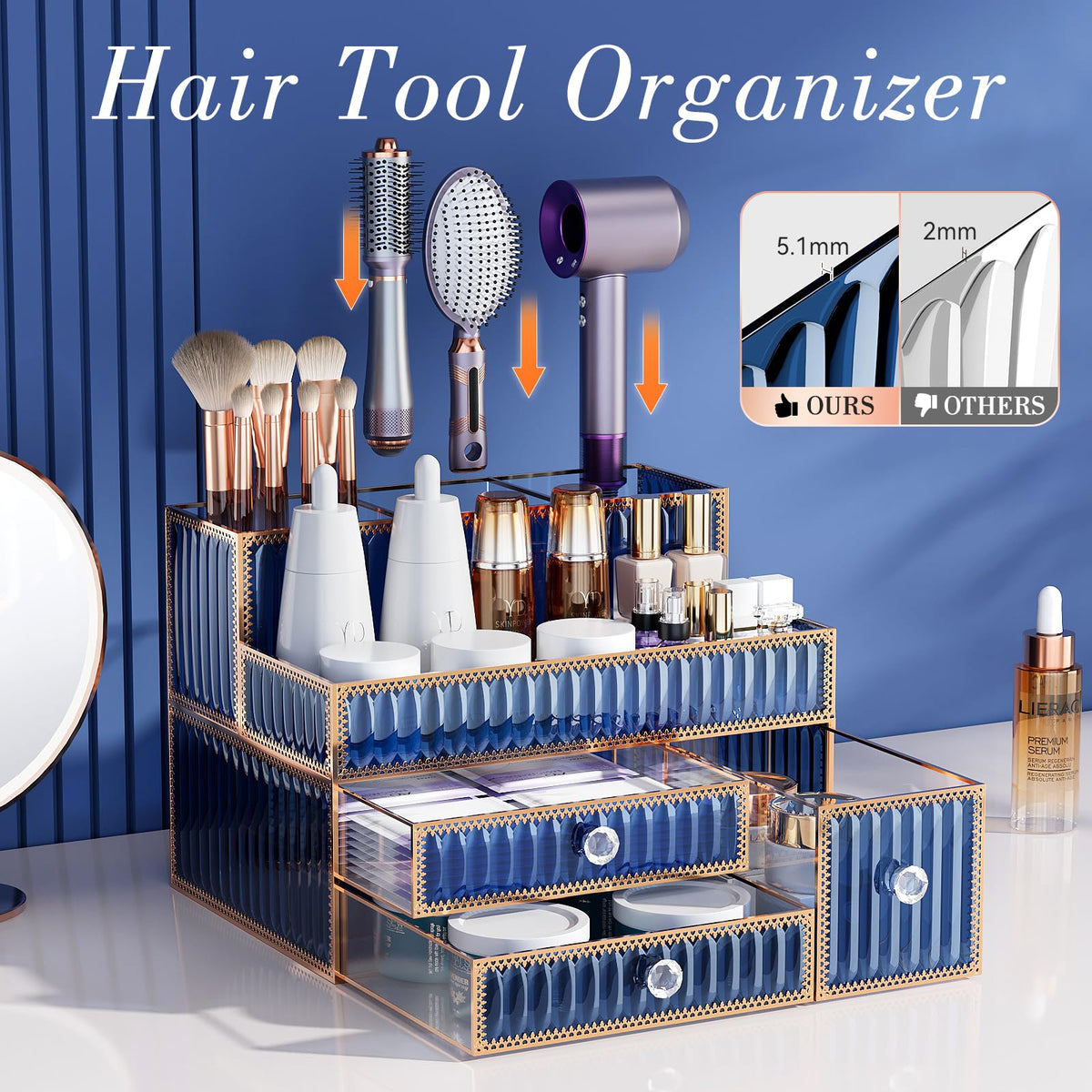 Youdepot makeup organizer blue top-down view highlighting multi-compartment design for skincare and brushes