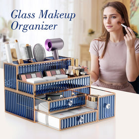 Youdepot makeup organizer blue displayed with perfume and brushes illustrating multi-purpose use