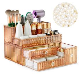 Youdepot makeup organizer on a vanity with golden tempered glass for easy cosmetic access.