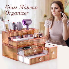 Youdepot skincare storage organized on a dresser with serums and bottles.