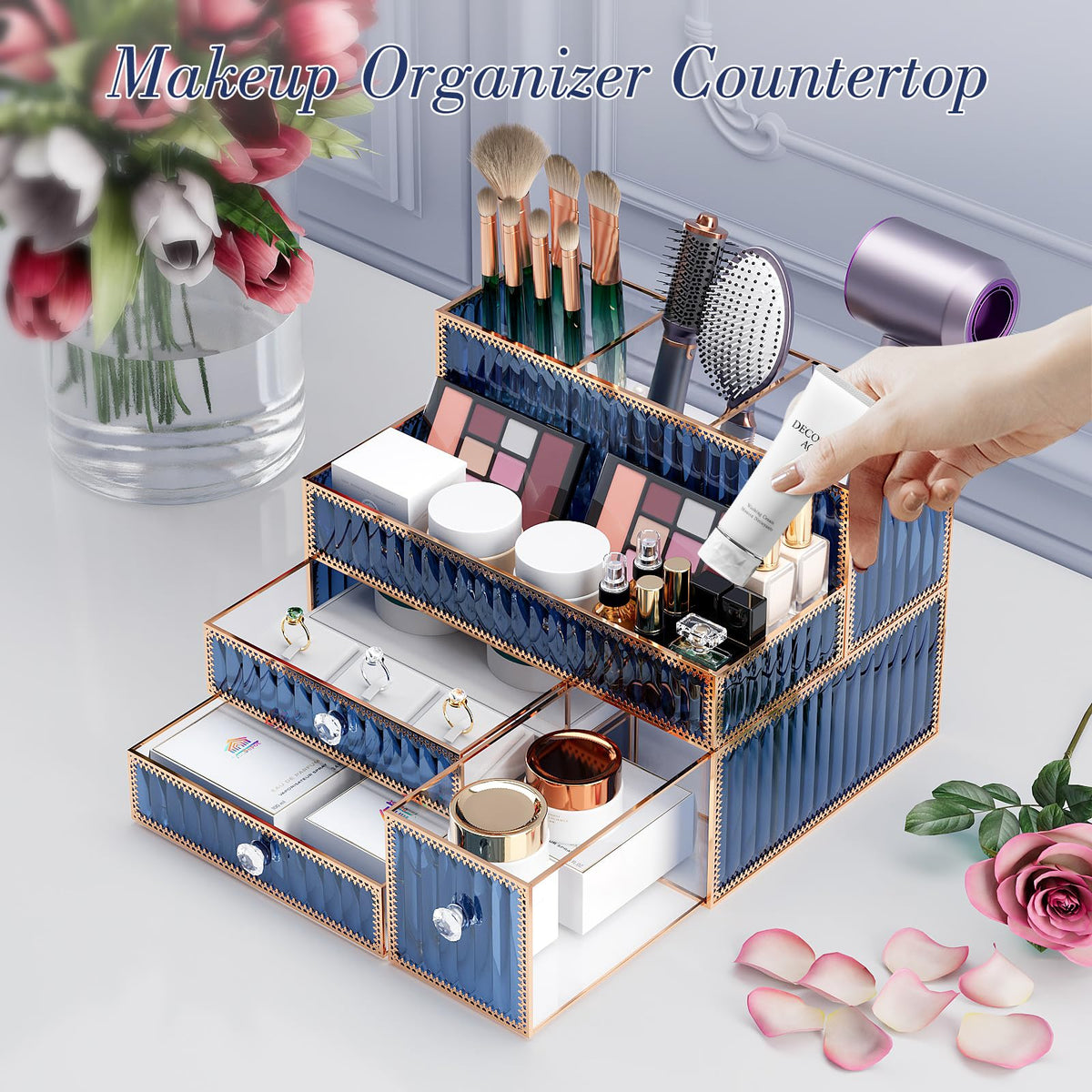 Youdepot tempered glass hair dryer holder integrated in the blue organizer for easy reach