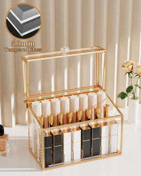 Youdepot tempered-glass-lip-gloss-perfume-organizer showcases products with a dust-proof lid.