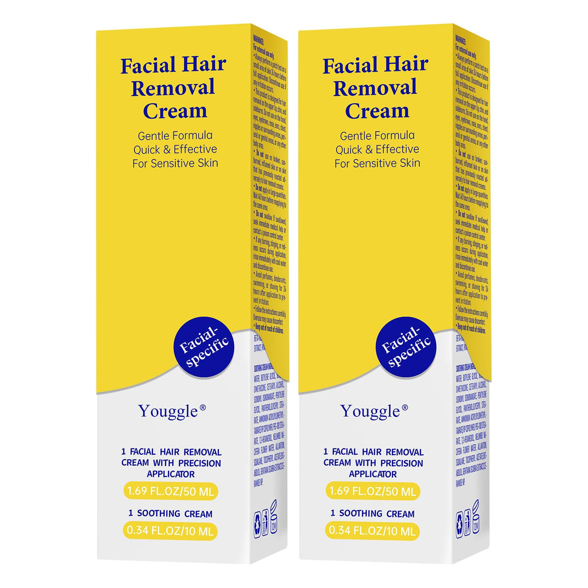 Youggle 5-min facial hair removal cream bottle closeup, quick-use design for busy mornings.