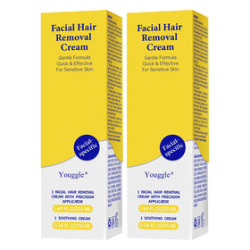 Youggle 5-min facial hair removal cream bottle closeup, quick-use design for busy mornings.