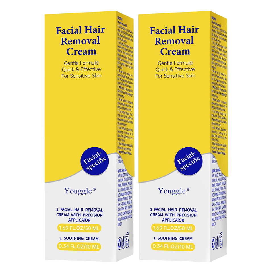 Youggle 5-min facial hair removal cream bottle closeup, quick-use design for busy mornings.