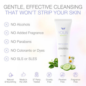 YOUN Beauty Green Tea Cleanser application shows a light, refreshing foam for a gentle massage.