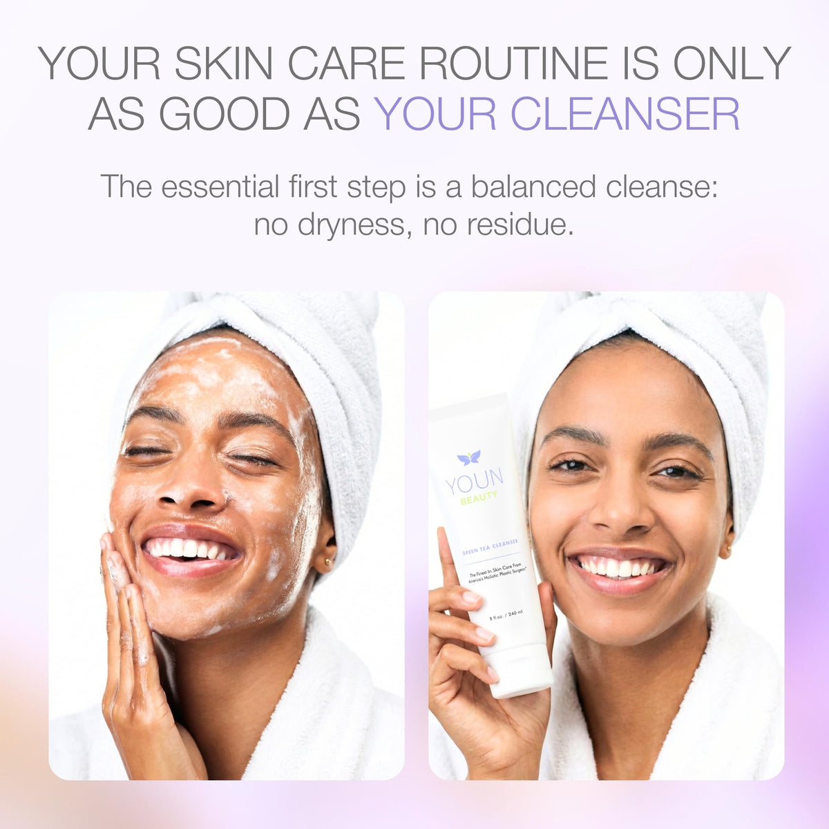 YOUN Beauty Green Tea Cleanser cucumber image suggests soothing, cooling effect during daily use.