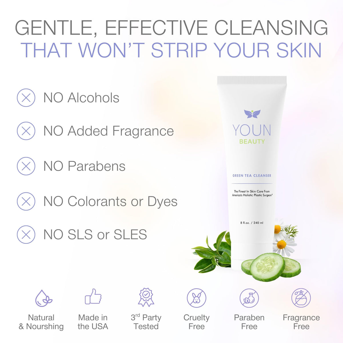YOUN Beauty Green Tea Cleanser ingredients aloe vera showcase hydrating properties.