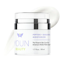 YOUN Beauty Peptide + Bakuchiol Moisturizer bottle on display for daily hydration.