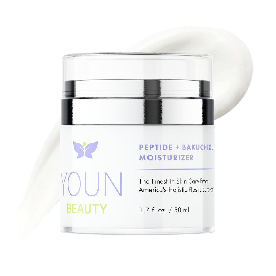 YOUN Beauty Peptide + Bakuchiol Moisturizer bottle on display for daily hydration.