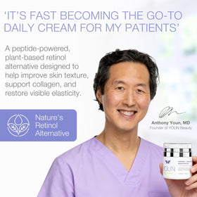YOUN Beauty Peptide + Bakuchiol Moisturizer jar close-up shows creamy texture and hydration.